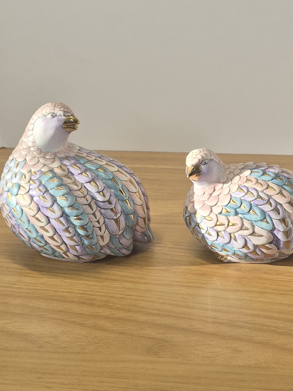Vintage Toyo Porcelain Quail Figurines Mated Pair Pastel Floral Gold Gilt